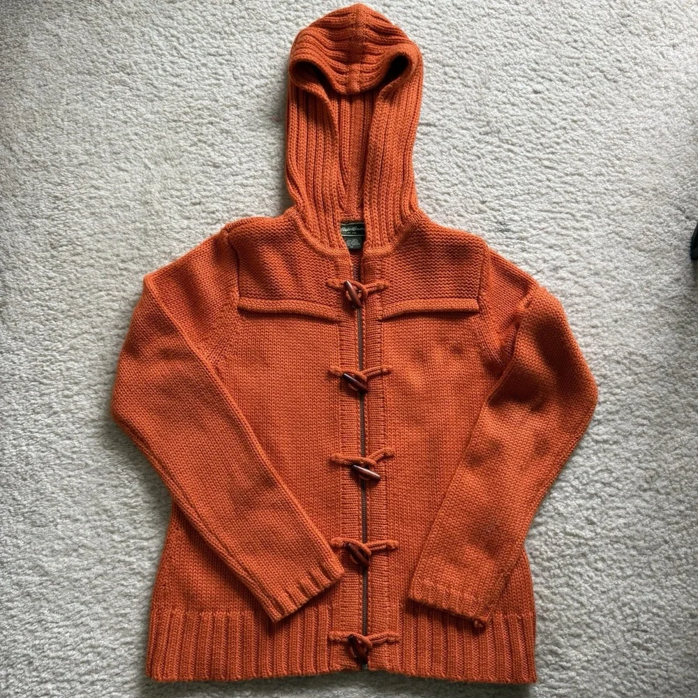 Eddie Bauer Vintage Chunky Wool Blend Knit Hooded Sweater Zip & Toggle 90s Sz M